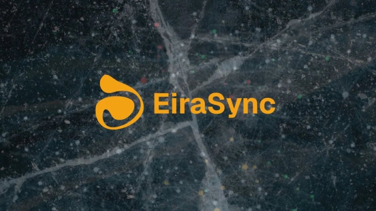 EiraSync logo and wordmark in orange on a dark cracked-ice background with subtle colorful light spots