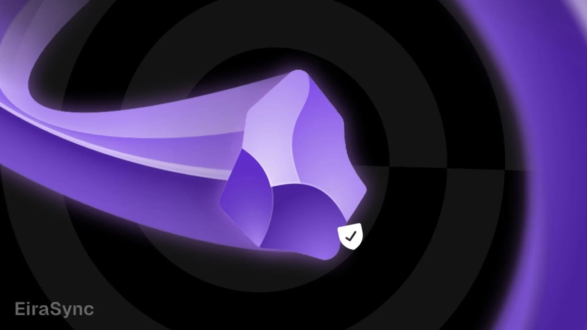 Purple Obsidian crystal with a motion trail and shield checkmark, representing faster and more secure vault sync