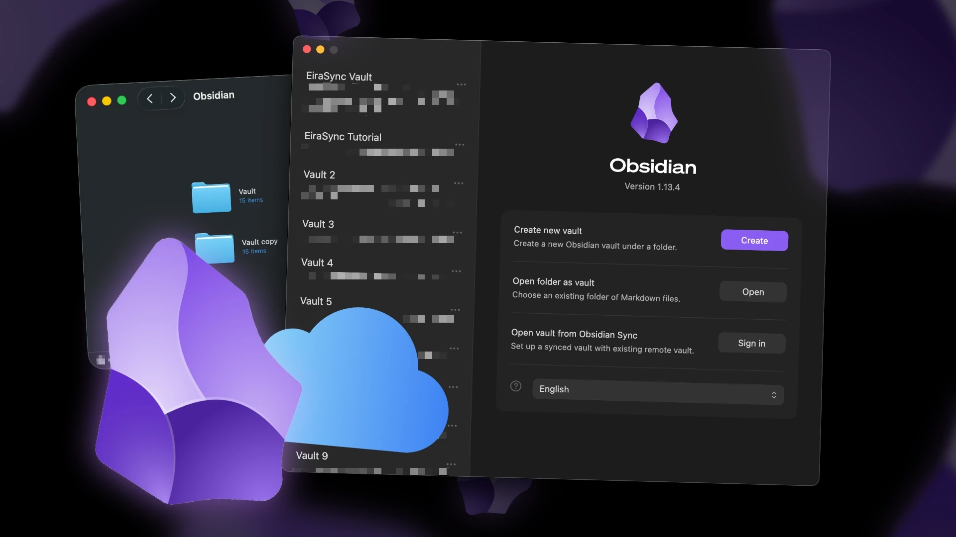 Obsidian and iCloud icons above Finder and Obsidian vault screens, illustrating migration from file sync to LiveSync