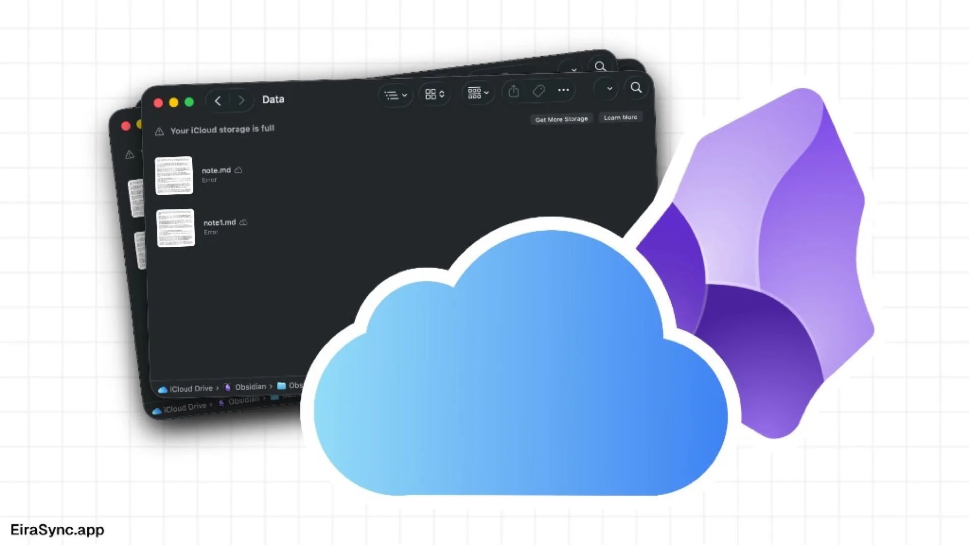 iCloud and Obsidian logos above macOS Finder windows showing sync errors and duplicate Markdown files
