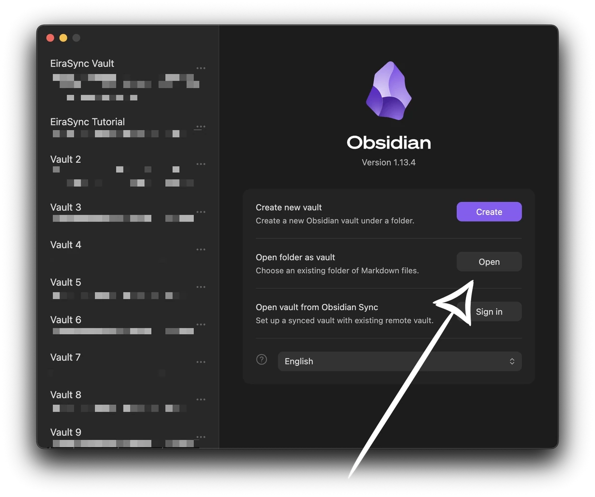 Obsidian startup screen with Open folder as vault highlighted