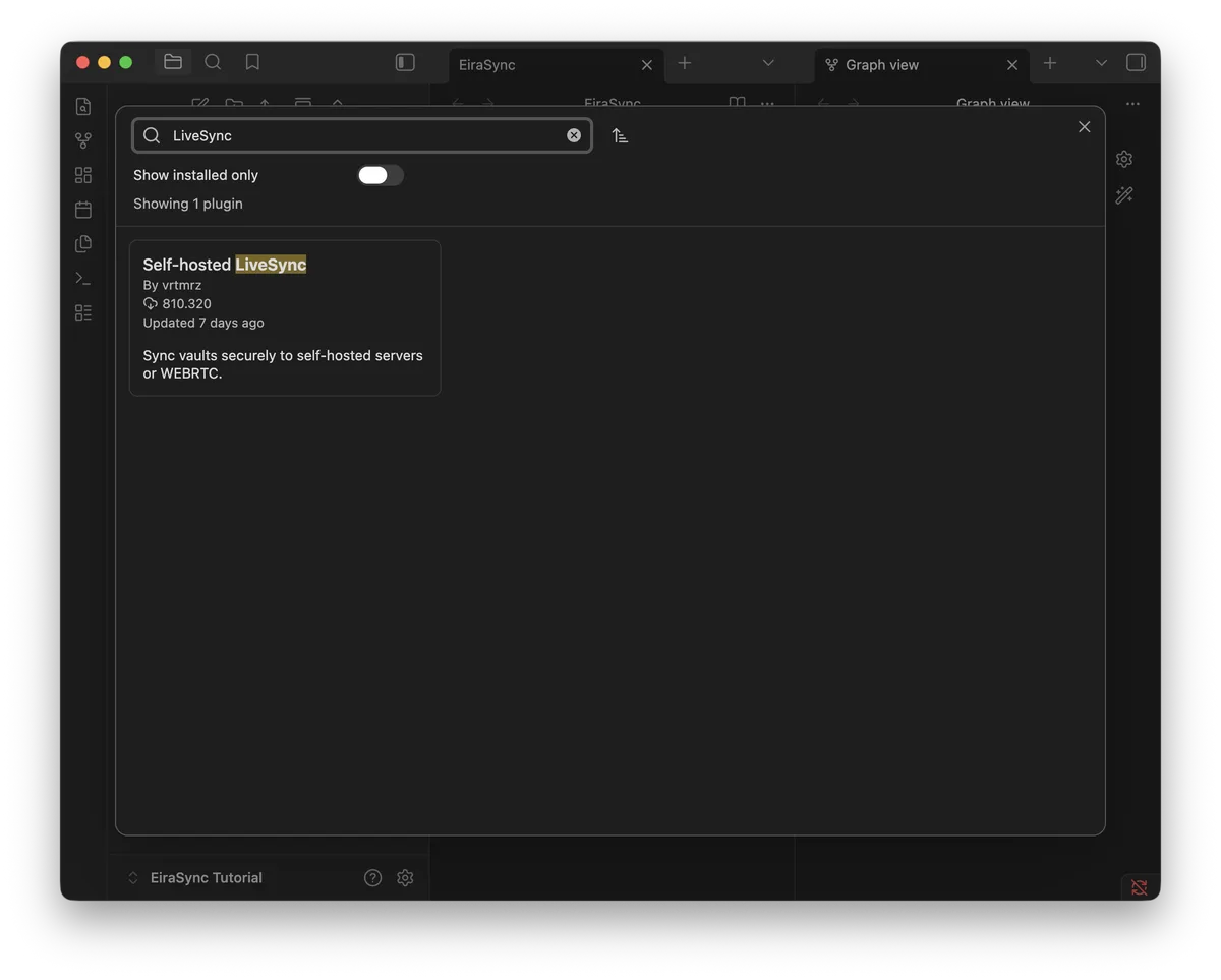 Obsidian Community plugins search showing Self-hosted LiveSync by vrtmrz