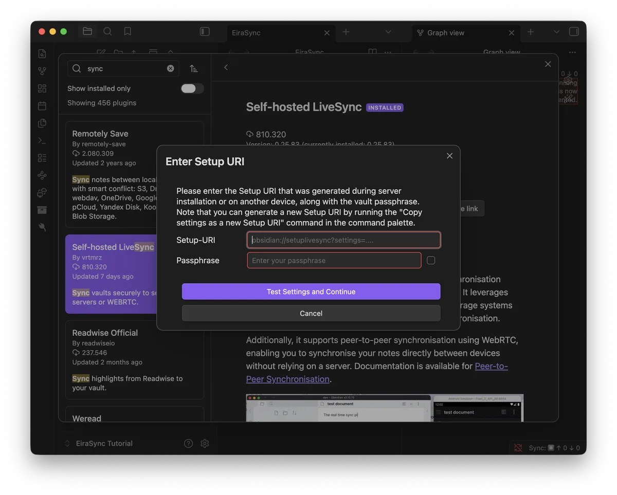LiveSync Enter Setup URI dialog with the passphrase field for end-to-end encryption