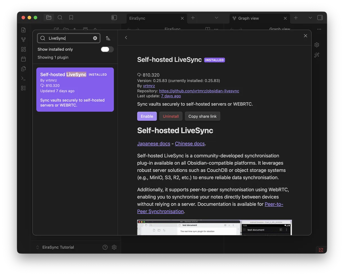 LiveSync plugin listing showing desktop and mobile vaults syncing with green checkmarks